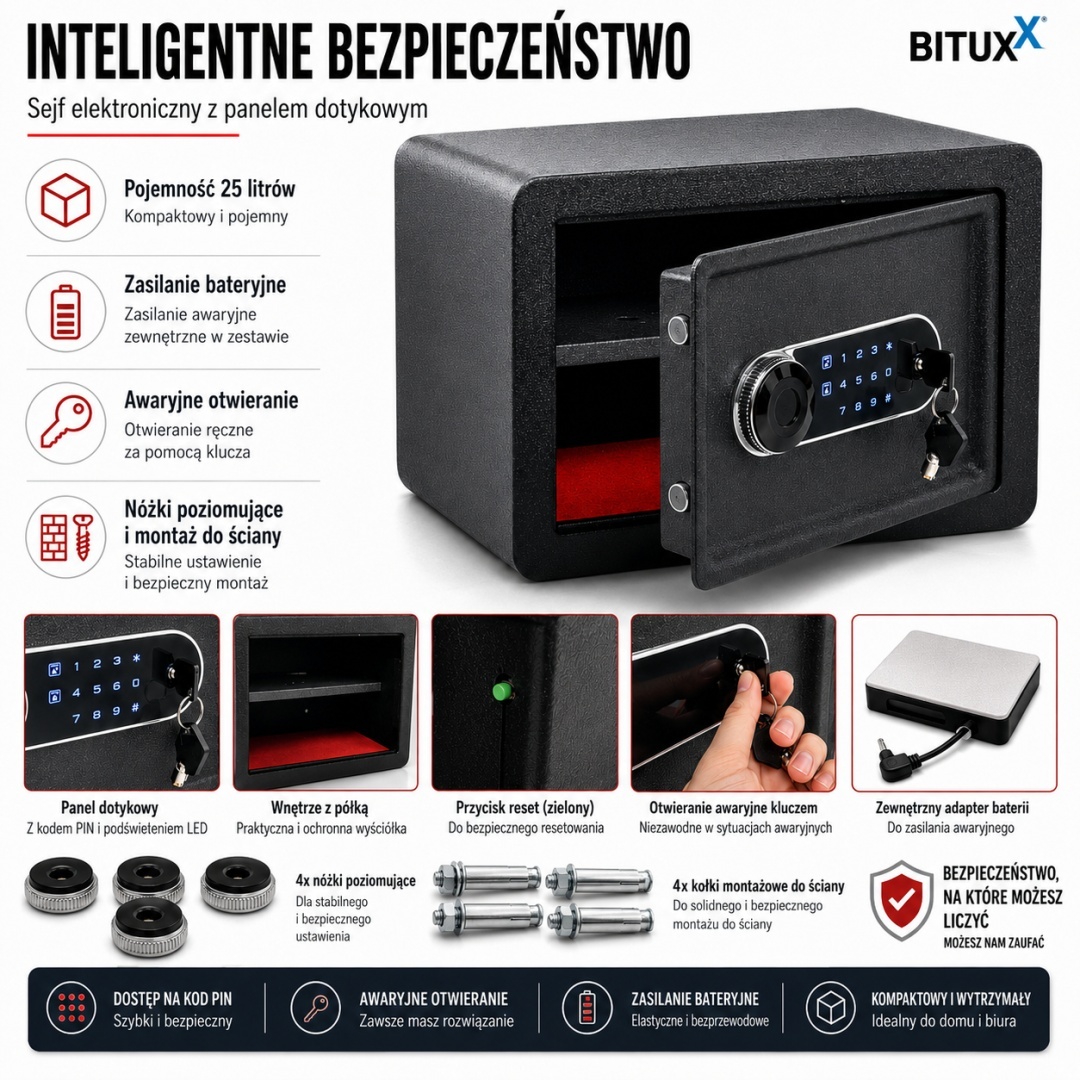 Bituxx elektronický trezor 25L s PINem a klíčem nástěnná schránka na dokumenty M20175
